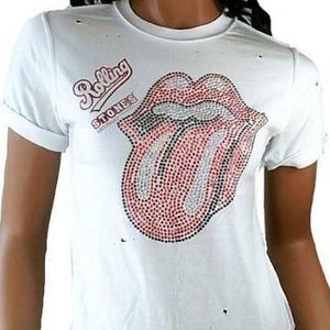 Rolling Stones Rhinestone Tongue Distressed Look